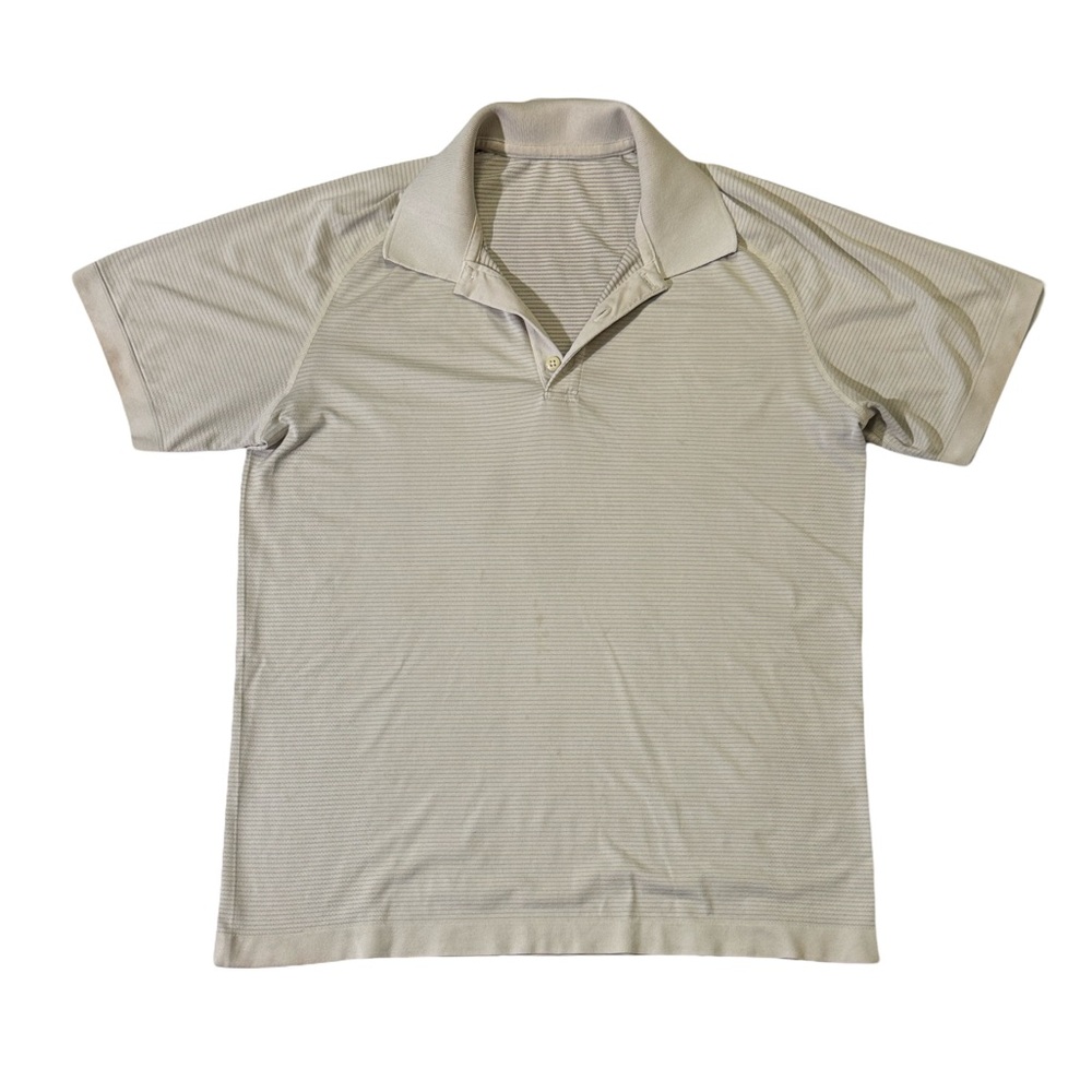 Lululemon mens L Large beige stripe performance polo shirt